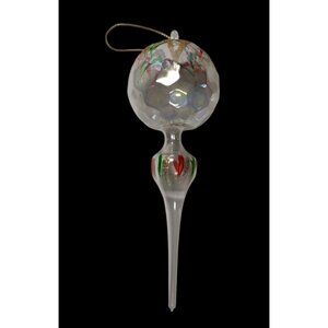 Vintage Clear Long 7" Glass Ornament Hand Painted Gold Red Green